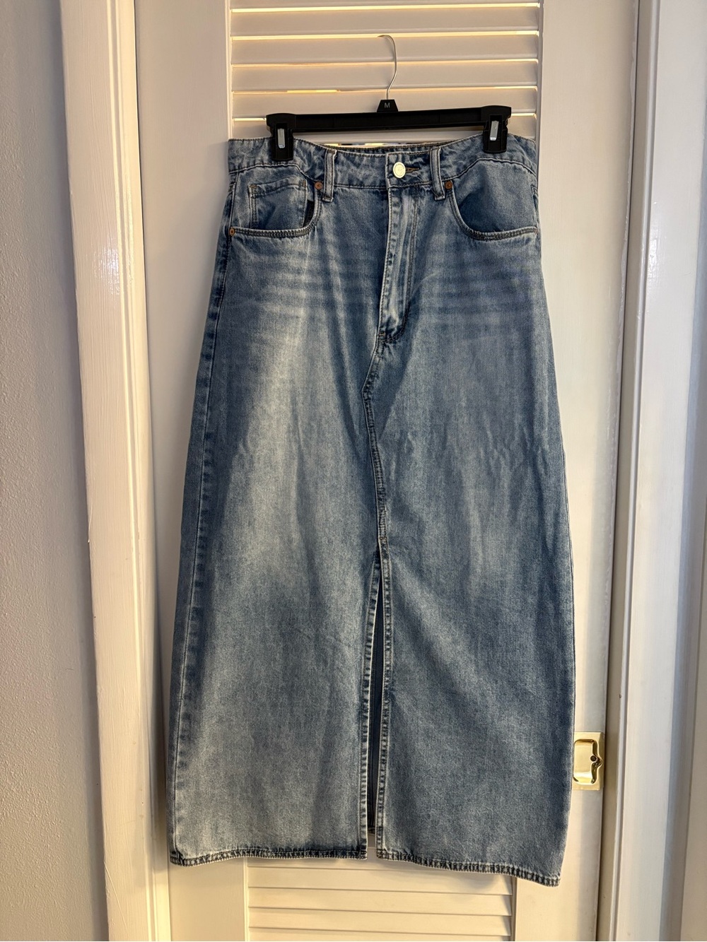 Blank NYC Light Blue Denim Maxi Skirt with Front Slit